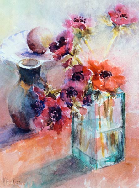 Anemones in Green Glass Vase, 2002 (w/c on paper)  von Karen  Armitage