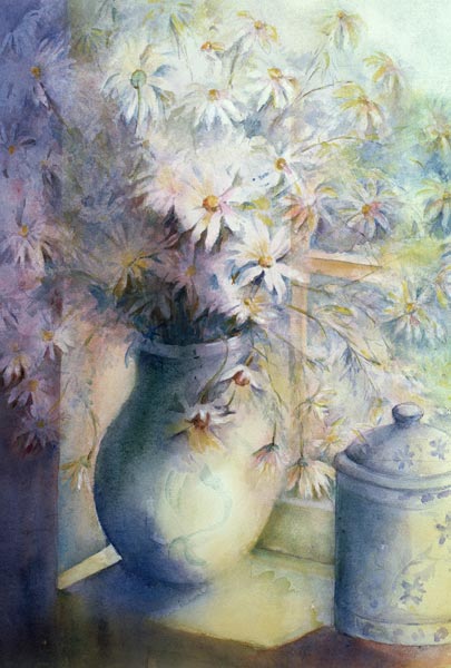 Asters - Snowsprite in jug on window sill  von Karen  Armitage