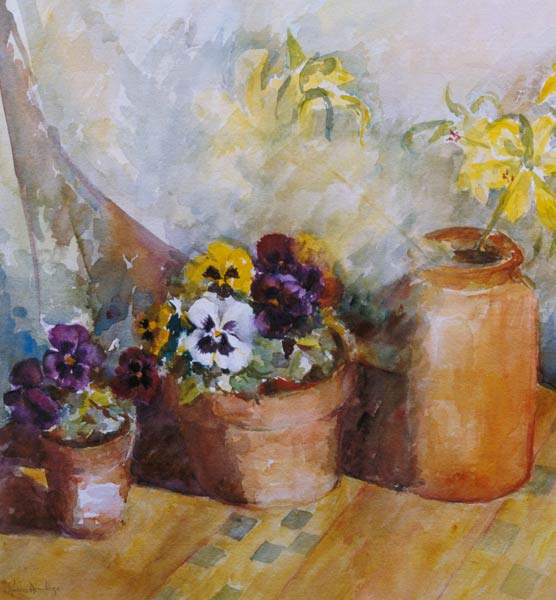 Pansies and Terracotta Pots (w/c)  von Karen  Armitage