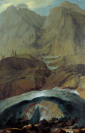 Bergbach mit Schneebrücke und Regenbogen im Gadmental