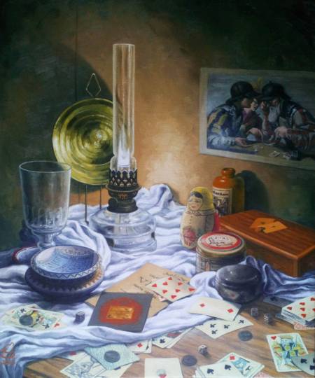 Stillleben mit Spielkarten und Öllampe