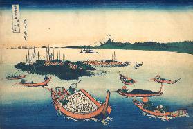 Die Insel Tsukuda in der Provinz Musashi (aus der Bildserie 36 Ansichten des Berges Fuji). 