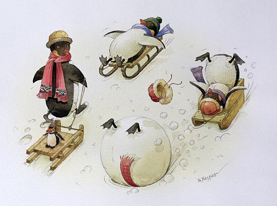 Penguins Sledging, 1999 (w/c on paper)  von  Kestutis  Kasparavicius