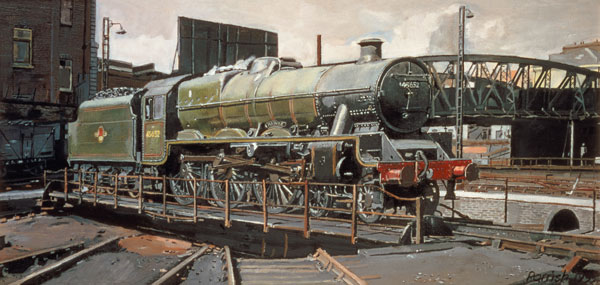Jubilee Turnaround, Hawke 45652 Jubilee Class Locomotive on Camden turntable, London (oil on canvas) von Kevin  Parrish