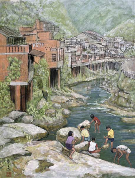 Village by the River, 1992 (gouache on silk)  von Komi  Chen