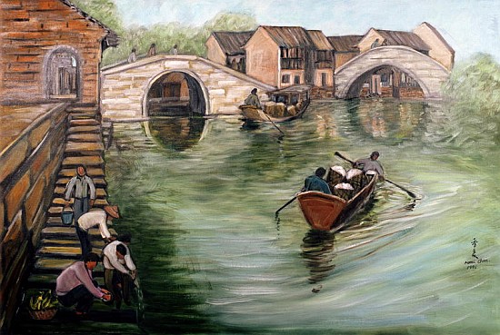 Washing Clothes by the Stream, 1995 (oil on canvas)  von Komi  Chen