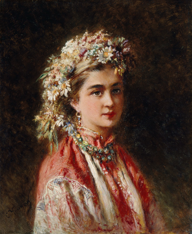 Mädchen mit Blumenkranz von Konstantin Jegorowitsch Makowski
