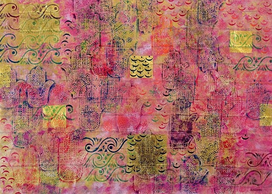 Hands of Fatima with Crescent Moon and Stars, 1999 (acrylic & gold leaf on paper)  von Laila  Shawa