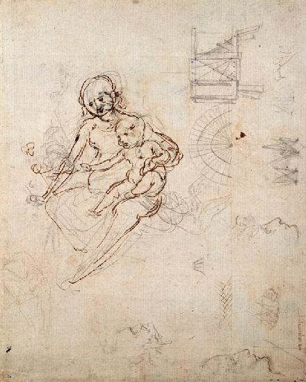 Studies for a Virgin and Child and of Heads in Profile and Machines, c.1478-80