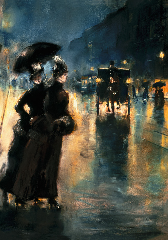 Nächtliche Berliner Strasse mit Droschke von Lesser Ury