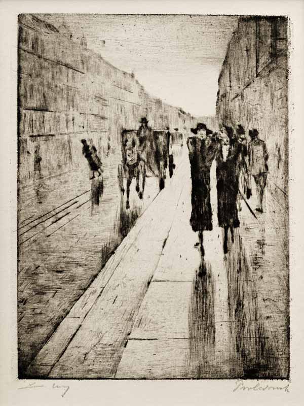 Spaziergänger im Regen vor Pferdedroschke von Lesser Ury