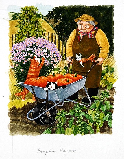 Grandma and 2 cats and pumpkin harvest von Linda  Benton