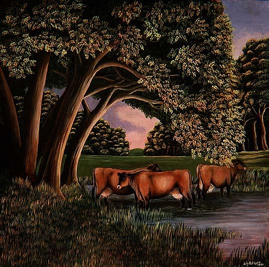 Cows in a River, 1980  von Liz  Wright