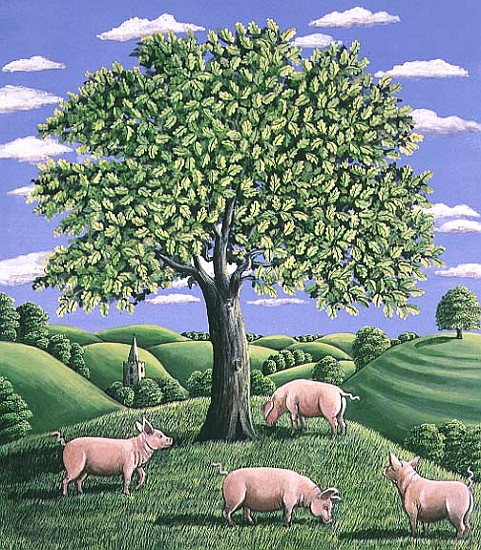 Pigs under an oak tree, 1985 (gouache)  von Liz  Wright