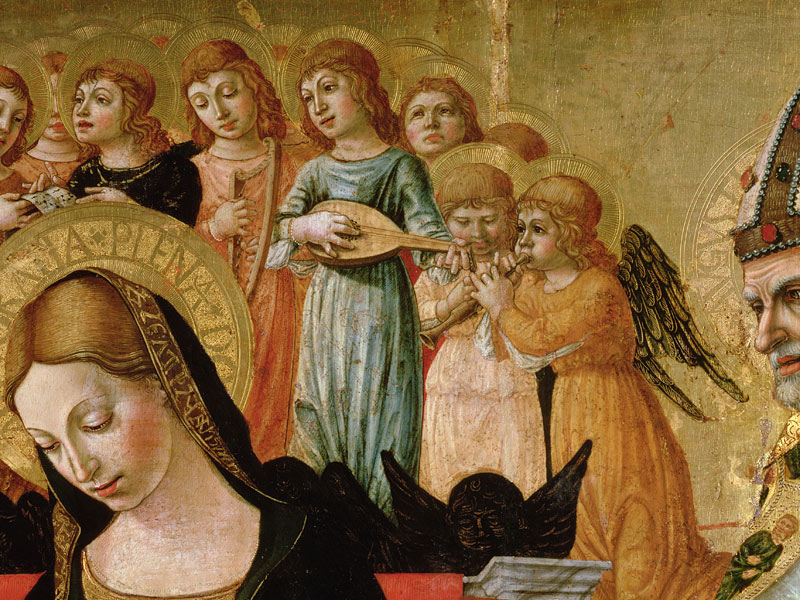 The Marriage of St. Catherine of Siena, detail of the head of the Virgin and musical angels von Lorenzo d'Alessandro  da Severino II