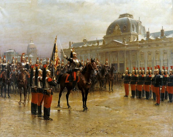 Colonel de La Rochetulon Presenting to the Recruits of the 6th Cavalry the Standard of the Regiment von Louis Auguste Georges Loustaunau