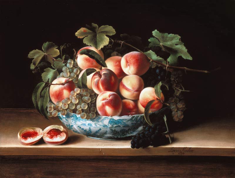 Pfirsiche und Weintrauben in einer blauweissen chinesischen Porzellanschale von Louise Moillon