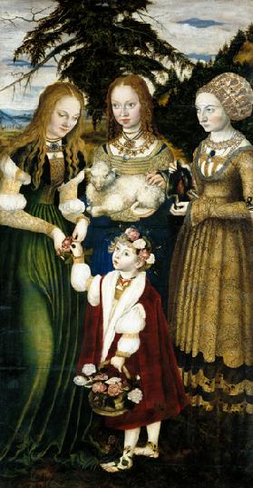 Katharinenaltar, linker Flügel: Die Heiligen Dorothea, Agnes und Kunigunde