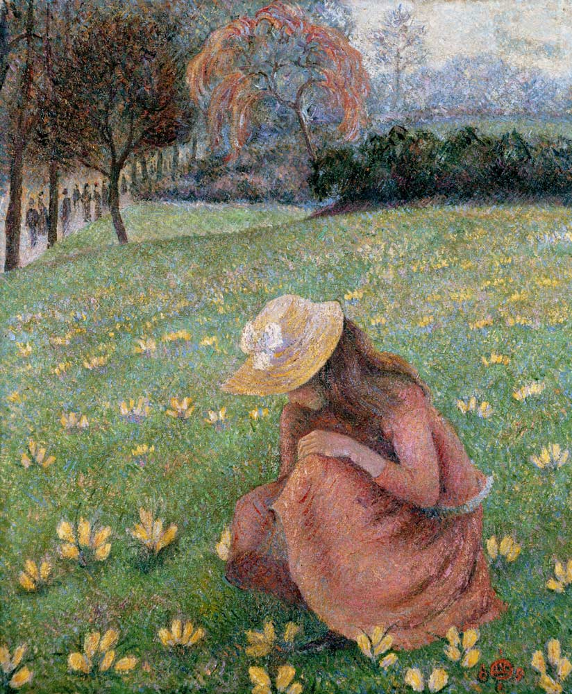 Frühlingslandschaft mit blühenden Krokus von Lucien Pissarro
