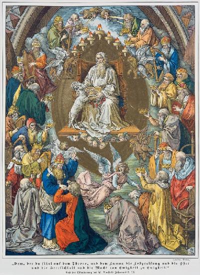 Anbetung Gottes mit dem Lamm, durch vier Lebewesen und 24 Älteste Offenbarung des Johannes,5,13. Aus