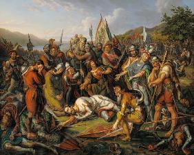 Die Eidgenossen an der Leiche Winkelrieds in der Schlacht bei Sempach am 9.7.1386.