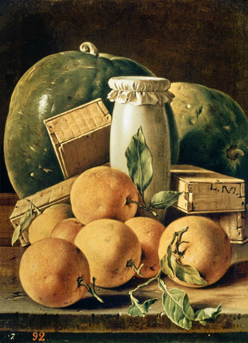 Still Life of Oranges, Watermelon, a Pot and Boxes of Cake von Luis Melendez