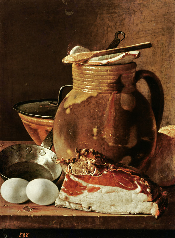 Still Life with ham, eggs, bread, frying pan and pitcher von Luis Egidio Melendez