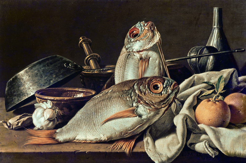 Stillleben mit Brassen, Orangen, Knoblauch und Küchenutensilien von Luis Egidio Melendez