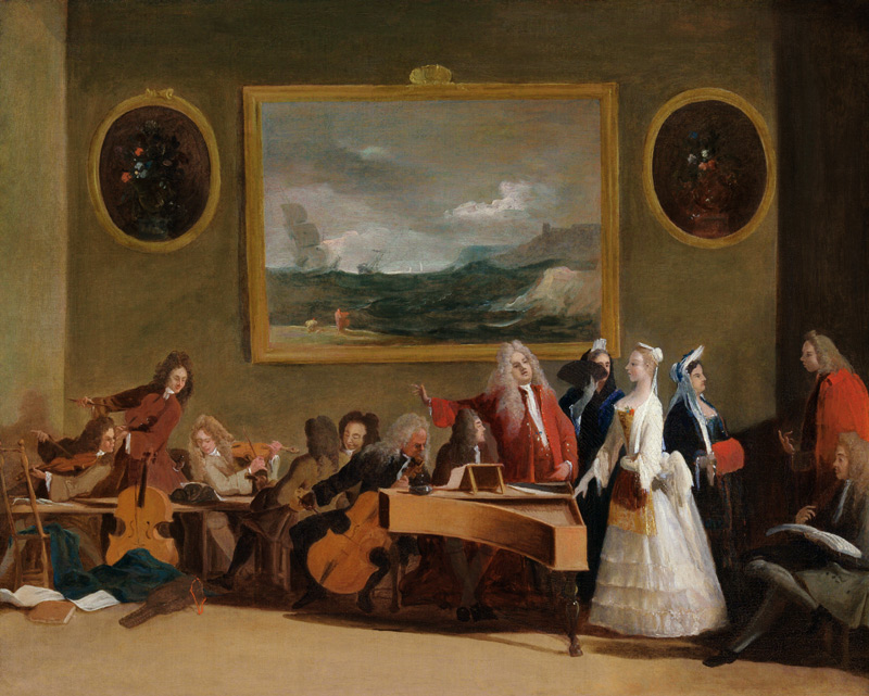 Rehearsal of an Opera, said to be Pyrrhus and Demetrius, held in the practice room at Haymarket Thea von Marco Ricci