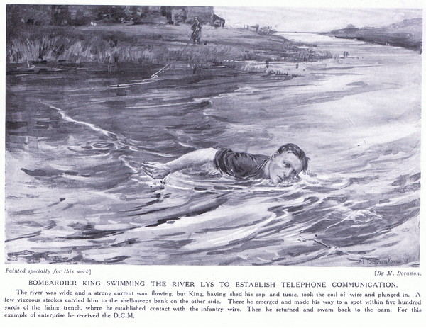 Bombadier King swimming the River Lys to establish telephone communications warded DCM October 1914 von Margaret Dovaston