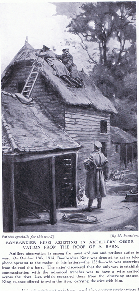 Bombadier King assisting in artillery observations from the roof of a barn across the River Lys Octo von Margaret Dovaston