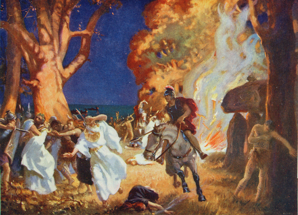 The massacre of Druids at Anglesey by the Romans in 60 AD, illustration from Hutchinsons Story of th von Margaret Dovaston