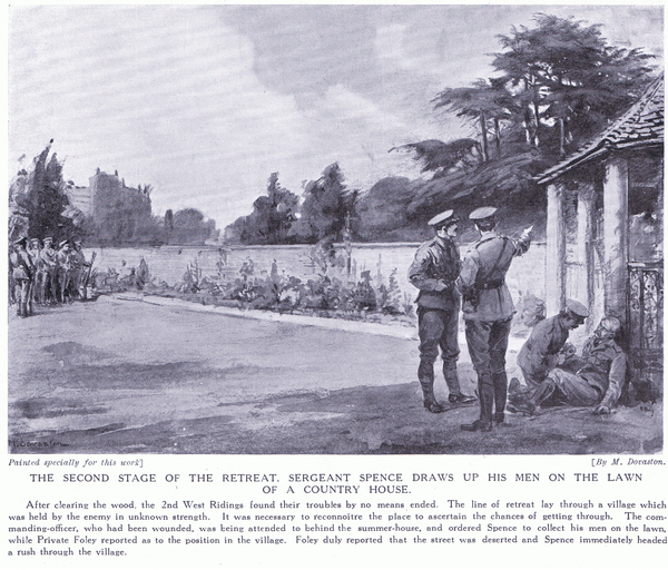 The second stage of the retreat, Sergeant Spence draws up his menon the lawn of a country house Augu von Margaret Dovaston