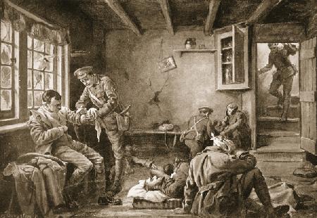 Lance-Corporal Royall attending to the wounded in a wayside inn which was under fire