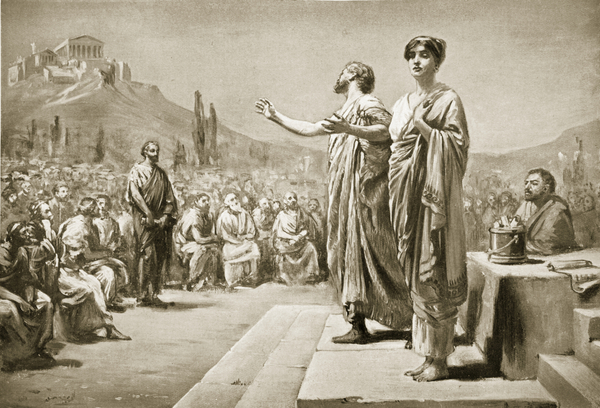 Pericles pleading for Aspasia, illustration from Hutchinsons History of the Nations von Margaret Dovaston