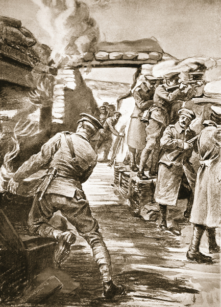 Private Callf pulling a box of ammunition out of a bomb store set alight by the bursting of a shell von Margaret Dovaston