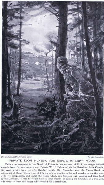 Private Edom hunting for snipers in Chivy Wood, Autumn 1914 von Margaret Dovaston