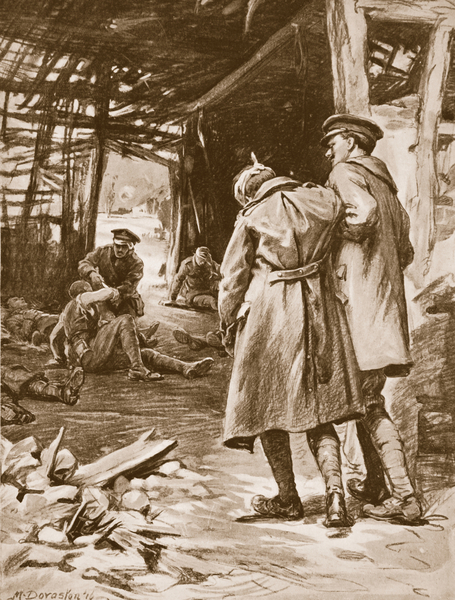 Private J.S. Kerr rendering first aid to the wounded at a farm which was being heavily shelled von Margaret Dovaston
