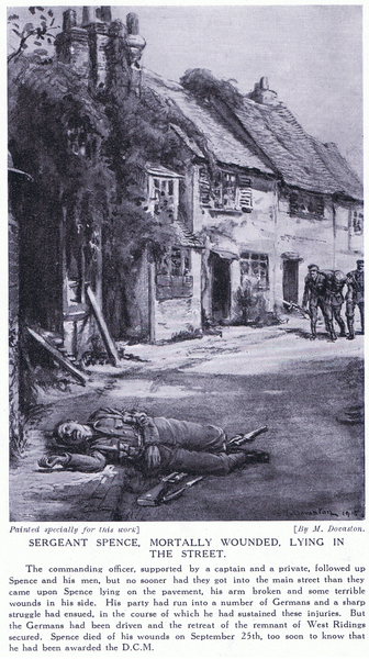 Sergeant Spence mortally wounded lying in the street September 1914 von Margaret Dovaston