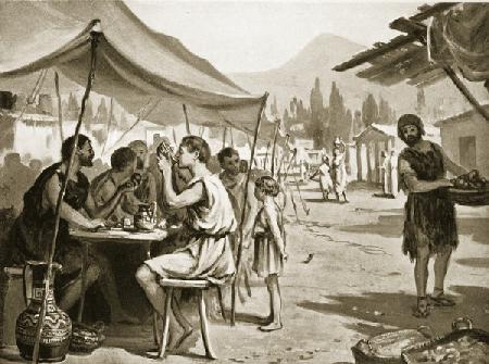 Spartans eating at public tables, illustration from Hutchinsons History of the Nations