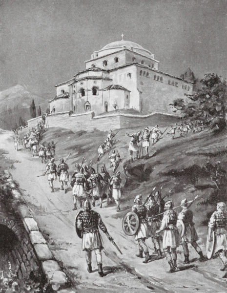 Byzantine Troops fleeing before the Normans von Margaret Dovaston