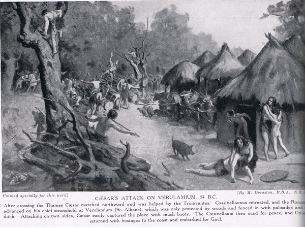 Caesars attack on Verulamium, illustration from Hutchinsons History of the Nations von Margaret Dovaston