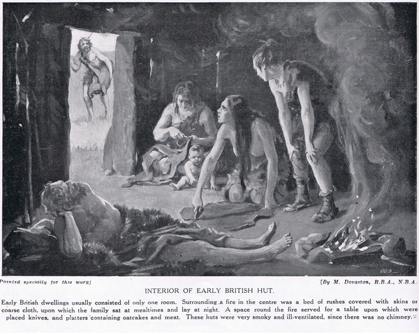 Interior of an Early British Hut, illustration from Hutchinsons History of the Nations von Margaret Dovaston