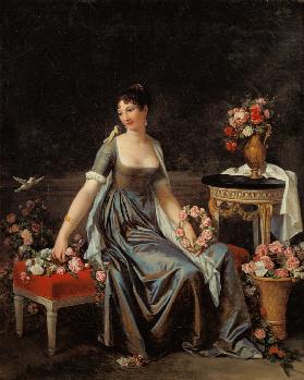Bildnis einer Dame, umgeben von Blumen und Vögeln