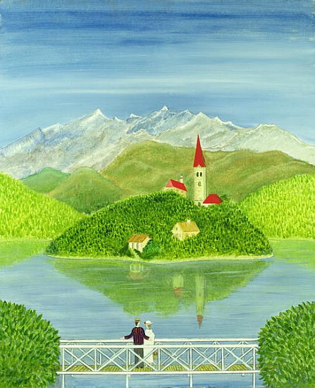 Lovers on the Bridge with Snow-capped Mountains  von Mark  Baring