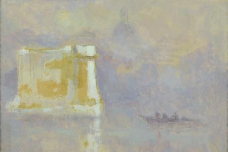 White stack surrounded by mist