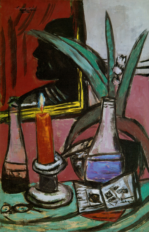 Selbstbildnis im großen Spiegel mit Kerze von Max Beckmann