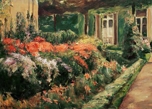 Blumenstauden am Gärtnerhäuschen nach Osten von Max Liebermann