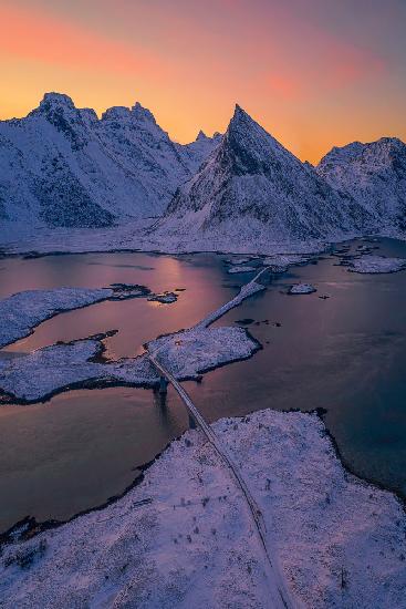 Fredvang Bridge and Volanstind Peak in Winter