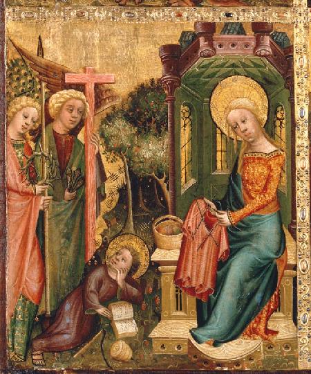 Buxtehuder Marienaltar Besuch der Engel bei Maria, die den Rock Christi strickt